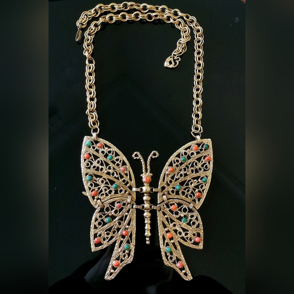 Rare JULIANA DELIZZA & ELSTER DEC Giant Butterfly Pendant Necklace Glass - Picture 2 of 11